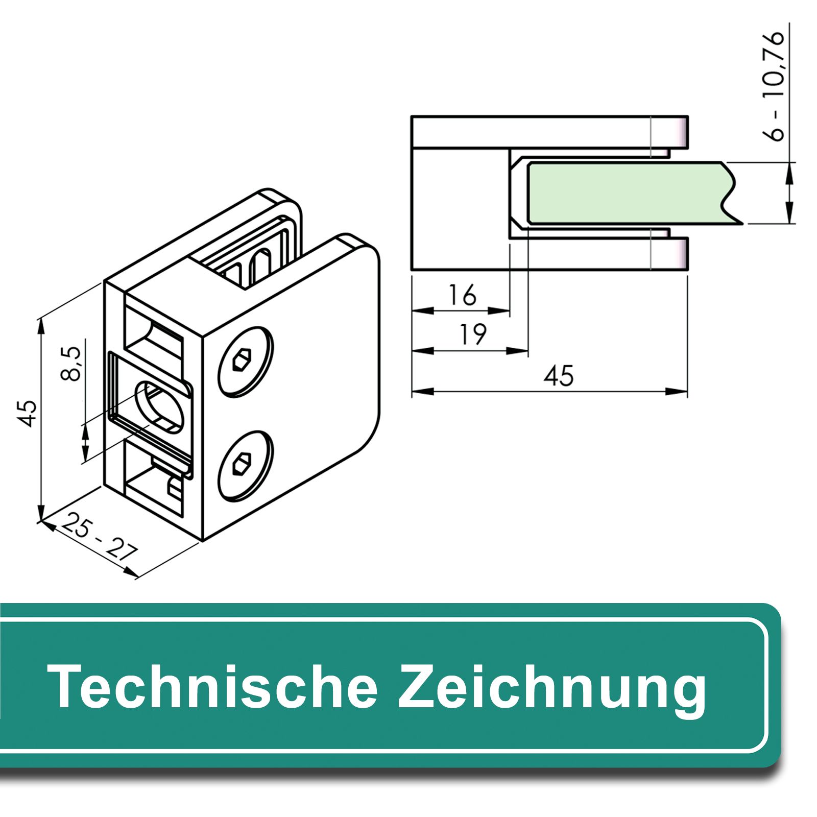 PRIOstahl Glashalter 4 Stück Glasklemmen Klemmhalter Glasplattenhalter mit  Sicherungsplatte + Sicherungsstift 45 x 45 x 26 mm Anschluss: 42,4 mm für