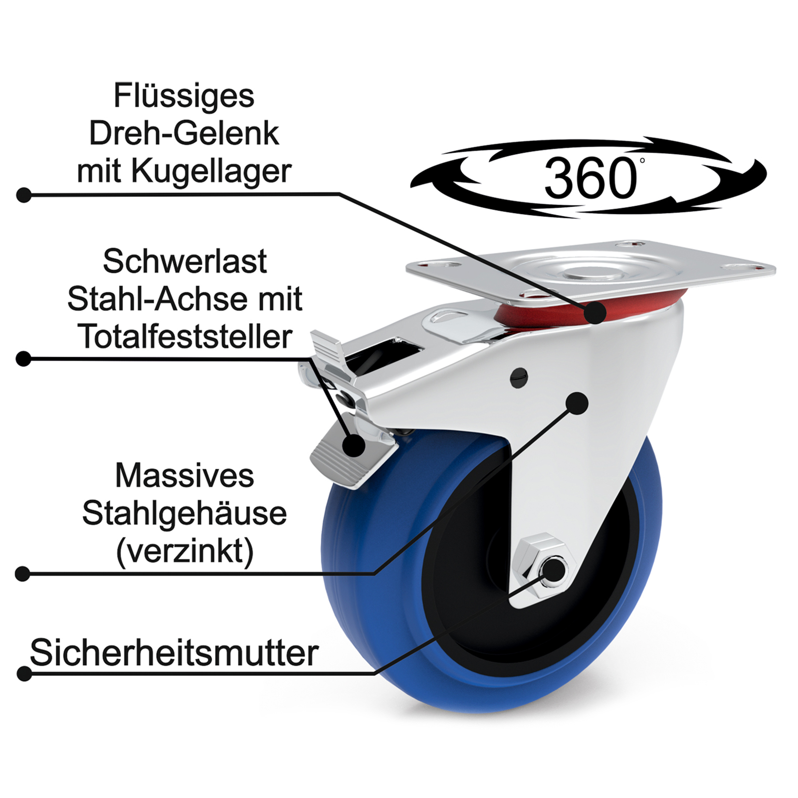 16 Stück Blue Wheels 100 mm Transportrolle Lenkrolle Rückenloch Rolle Rad 